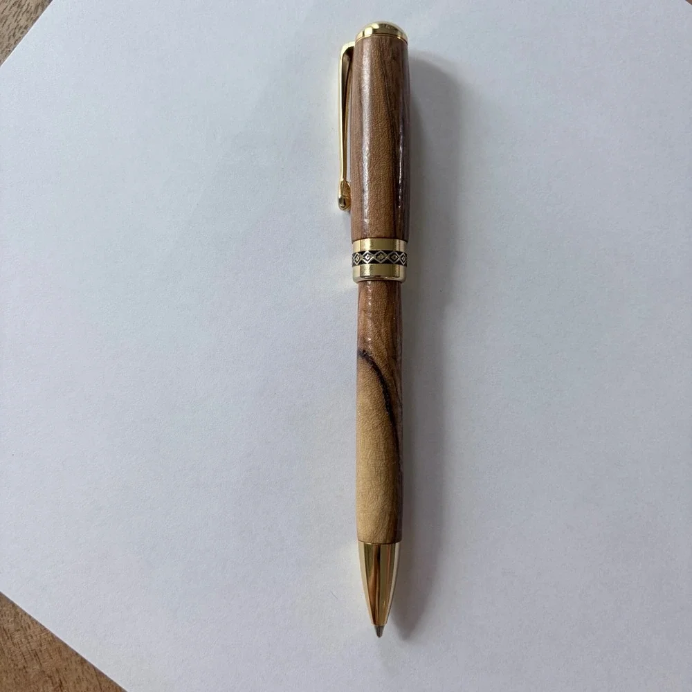 Handmade Wood Ballpoint Pen Gold Tone Hardware Geometric Band Office Accessory